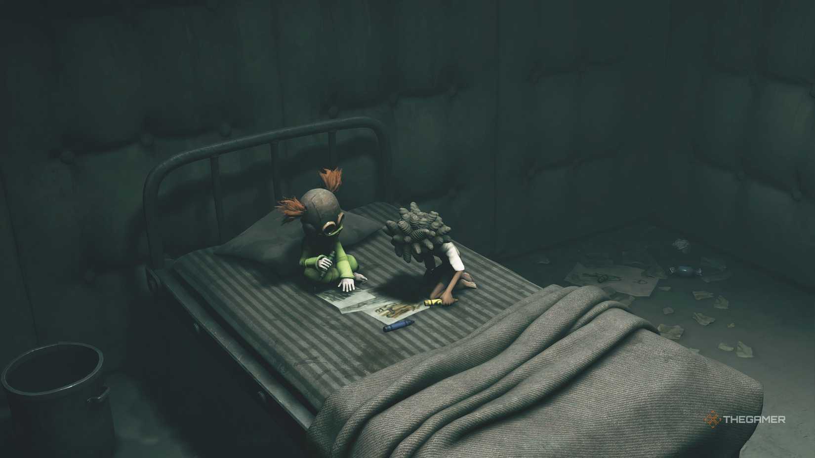 Low and Alone drawing a coloring page in Little Nightmares 3.