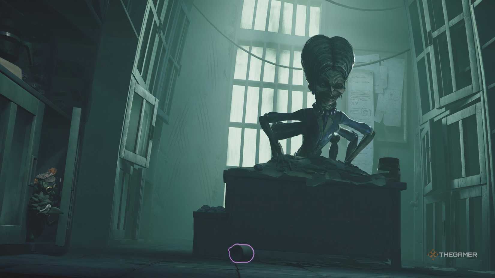 Low and Alone peeking through a door to see the supervisor standing on six arms on a desk in Little Nightmares 3.