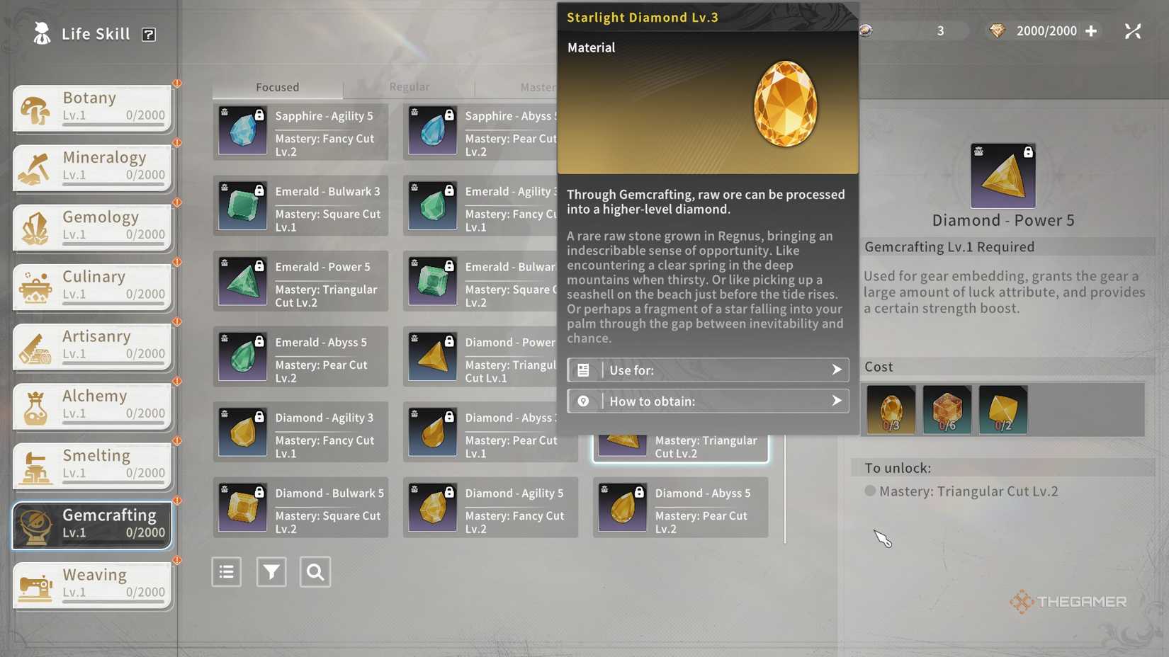 Making a level 5 triangular diamond in the Gemcrafting life skill in Blue Protocol Star Resonance.