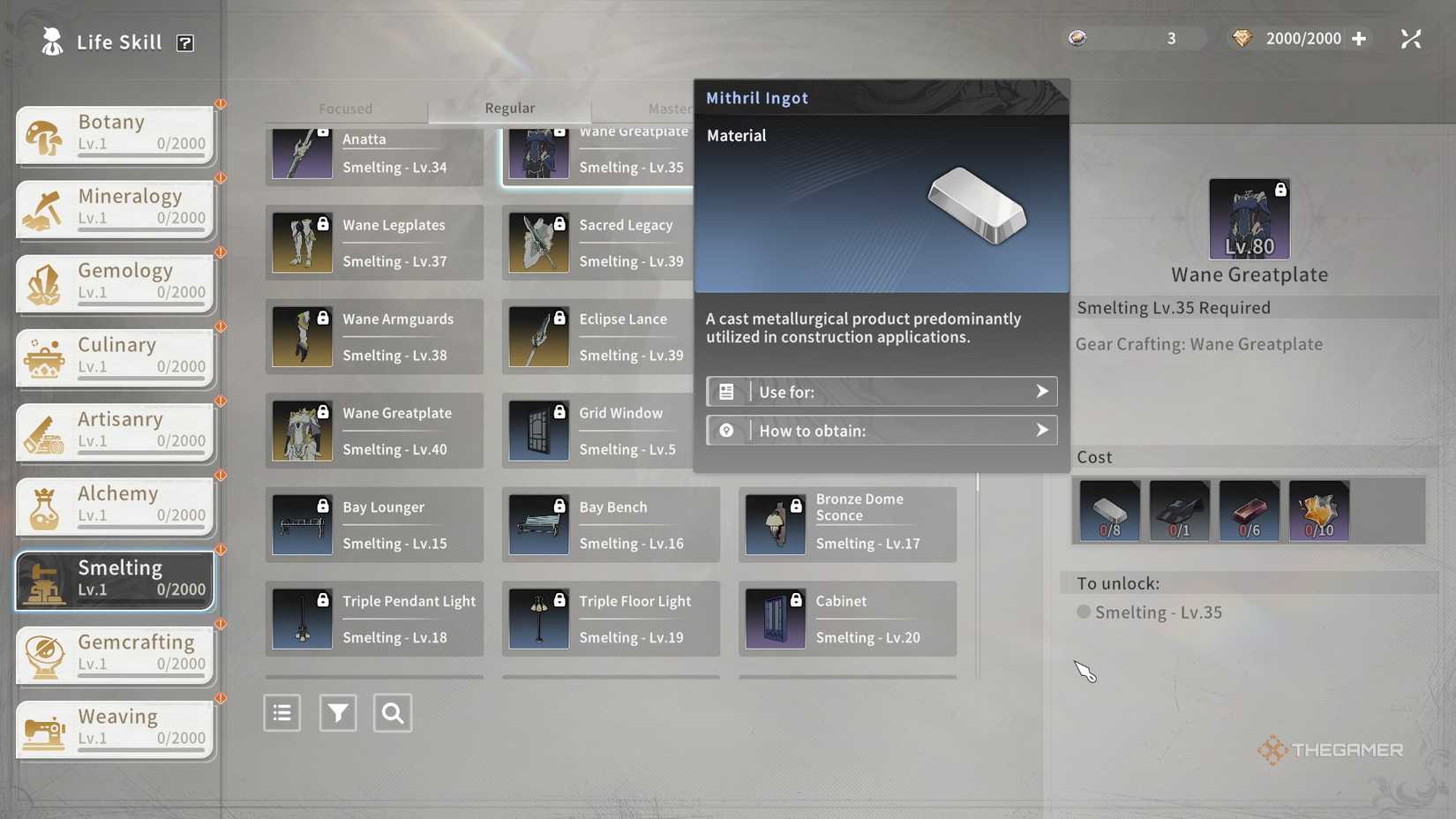 Making a Wane Greatplate in the Smelting life skill in Blue Protocol Star Resonance.