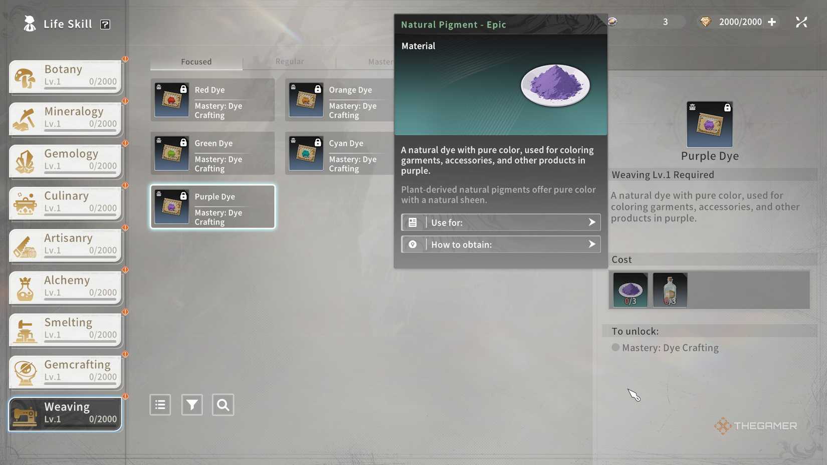 Making purple dye in the Weaving life skill in Blue Protocol Star Resonance.