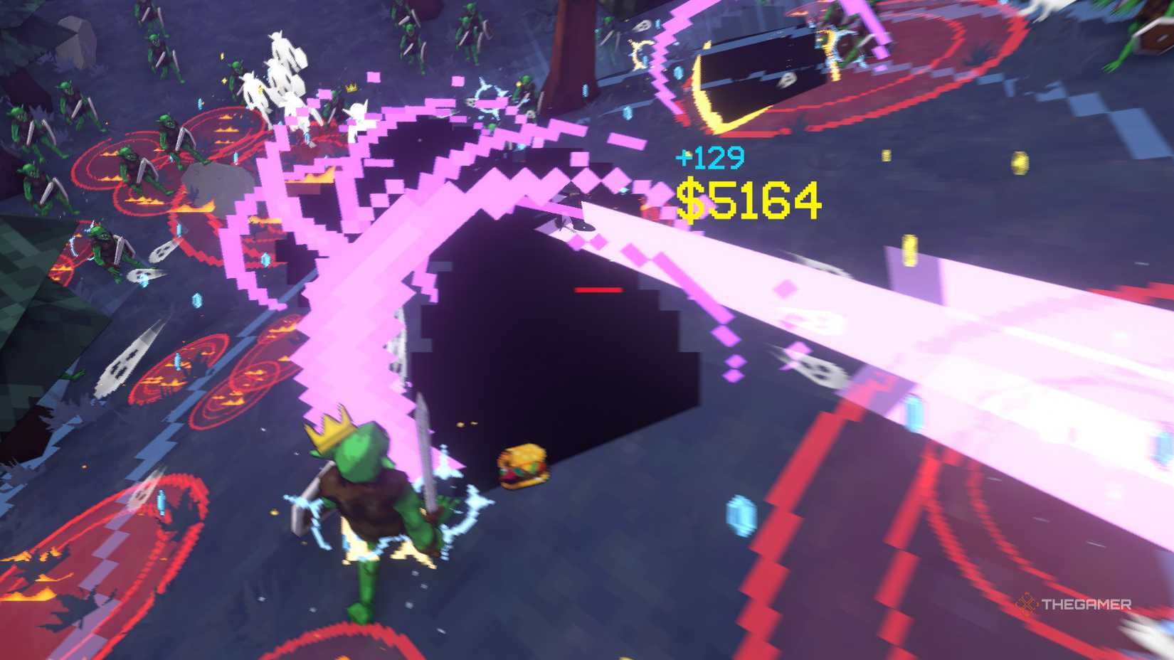 Megabonk Bandit destroying opponents with black holes and red circles of fire.