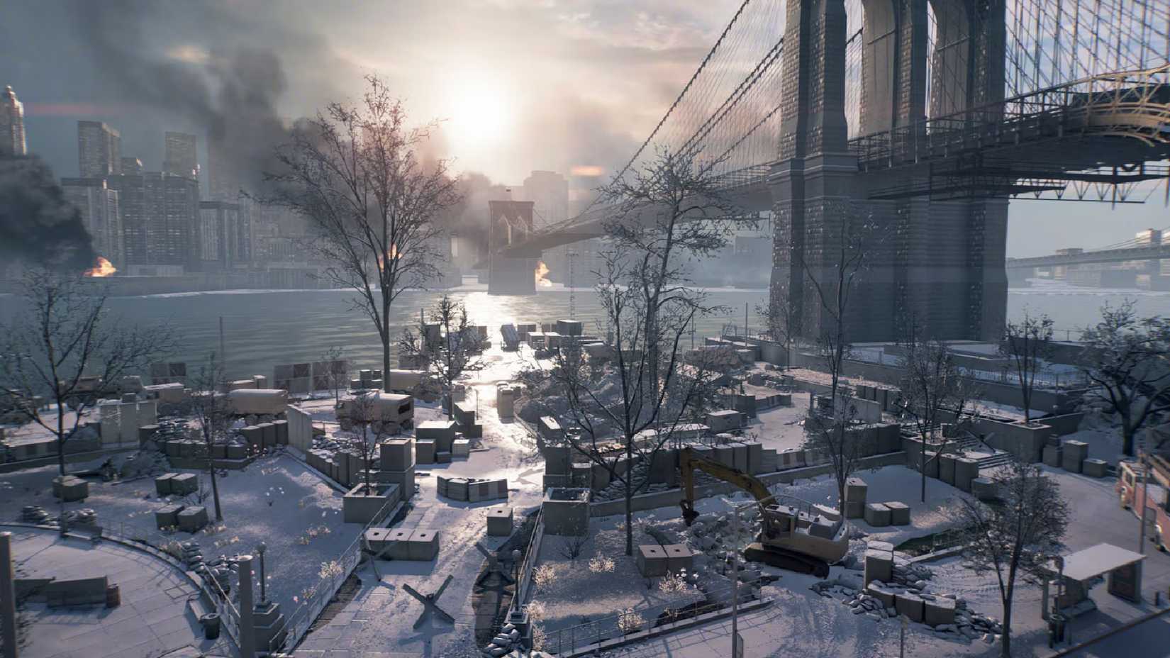 Military outpost beneath the Manhattan Bridge in Battlefield 6, covered in snow.