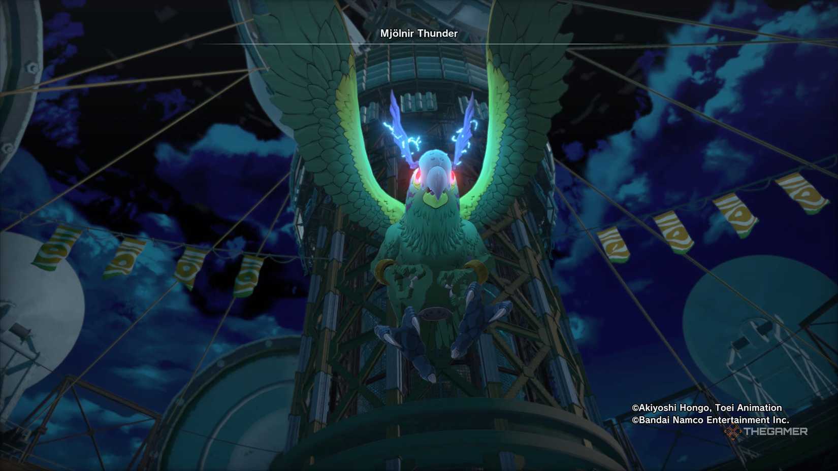 Parrotmon casting Mjolnir Thunder in Digimon Story Time Stranger.