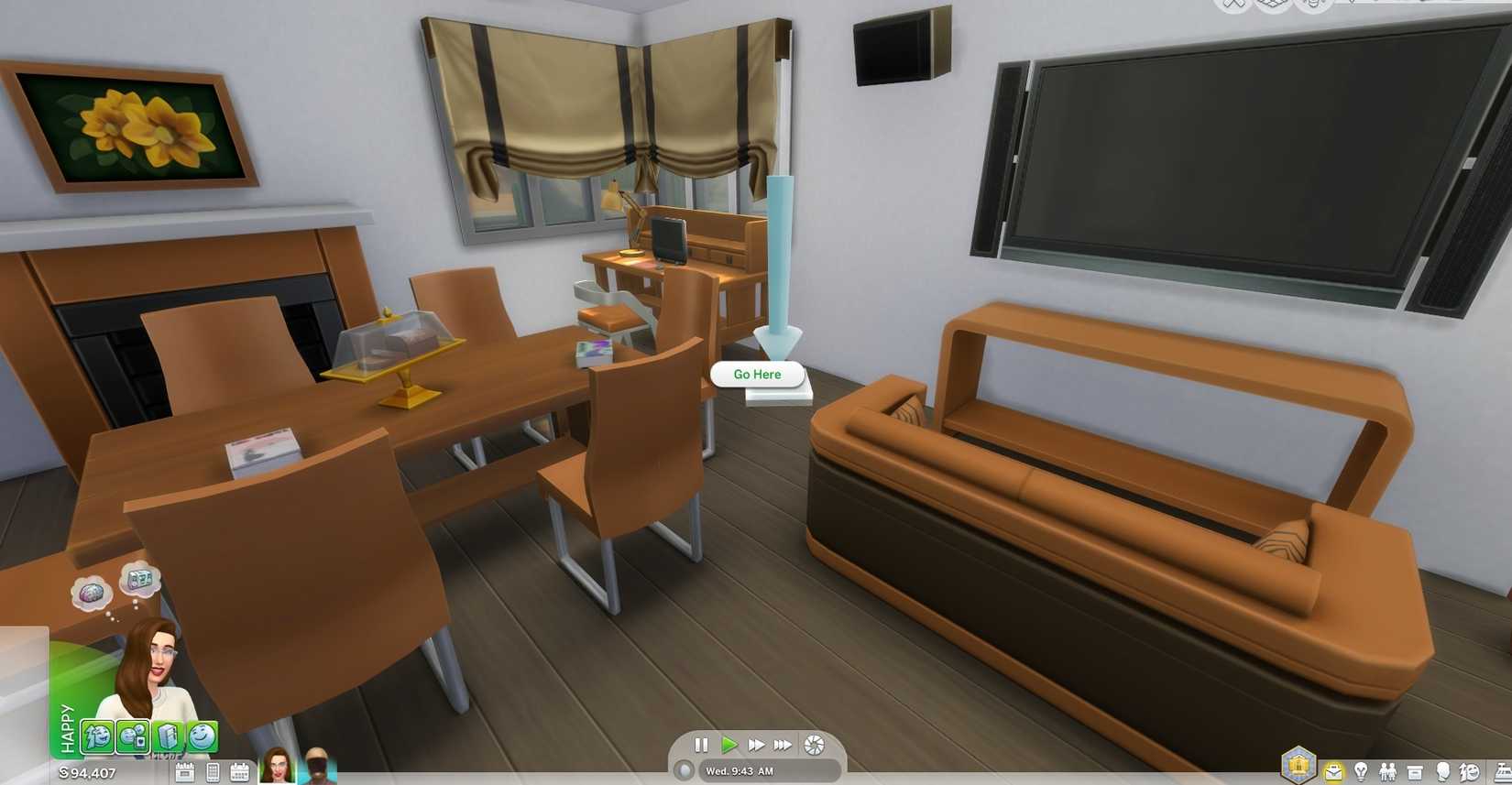 The 'Go Here' Option appearing after right clicking in first-person mode for The Sims 4. 