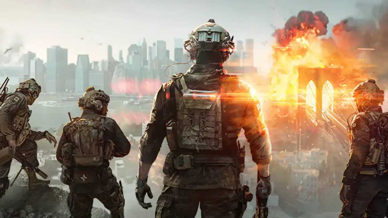battlefield 6 characters looking at a bridge exploding.