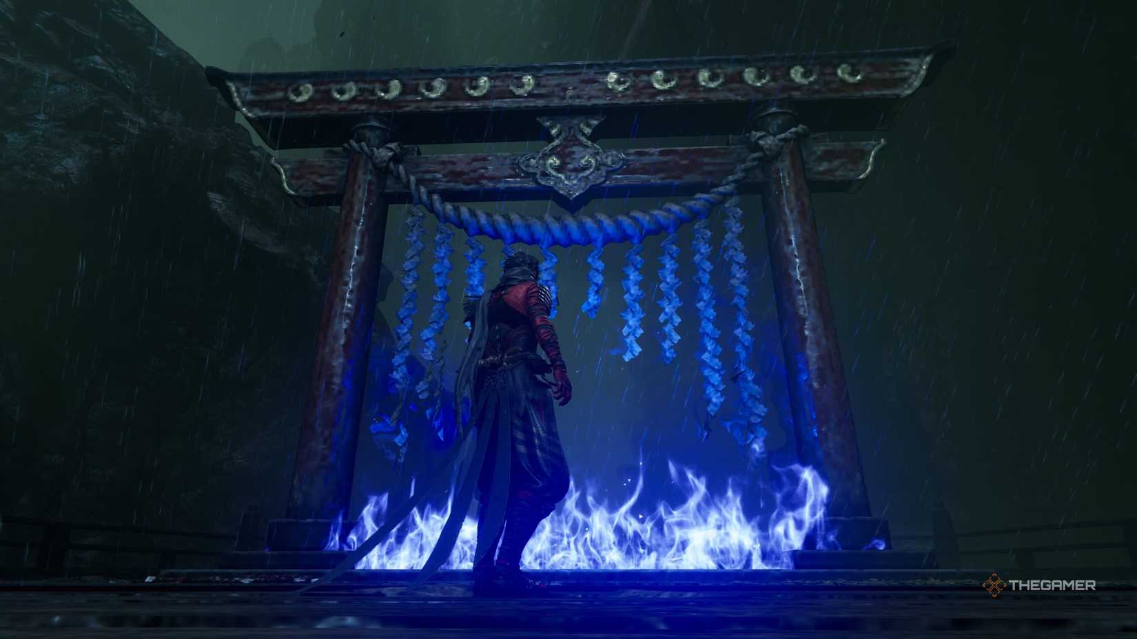 Yakumo standing in front of a Purgatory gate in Ninja Gaiden 4.