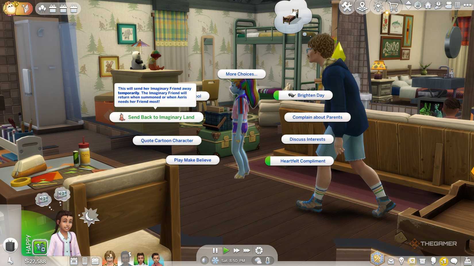 Options when interacting with an imaginary friend in Adventure Awaits.