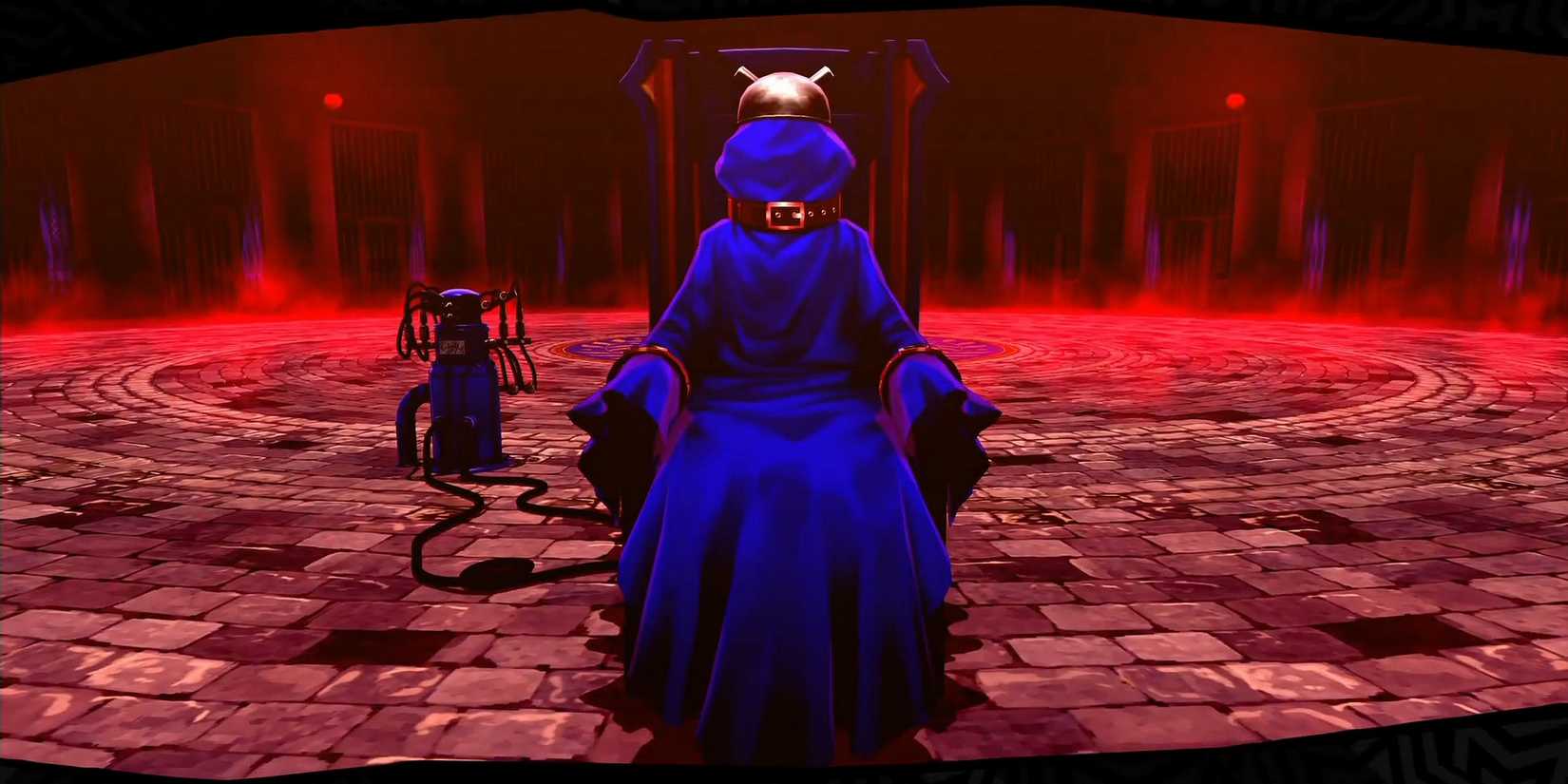 A Persona being Itemized in Persona 5 Royal in the Velvet Room during a fusion alarm.