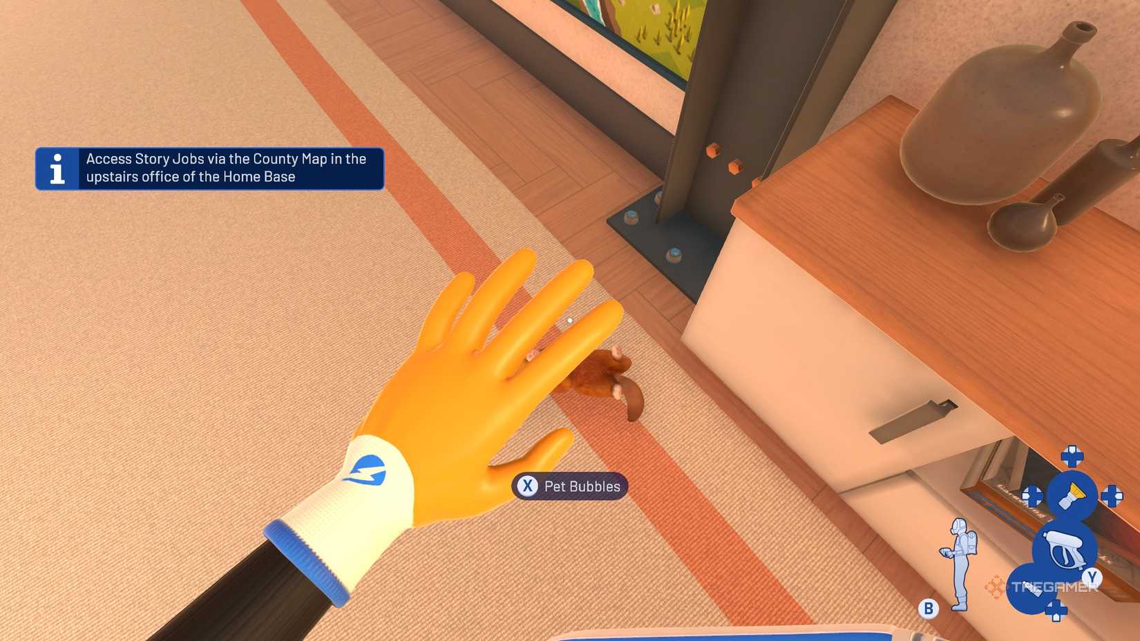 Petting a ginger cat in PowerWash Simulator 2.