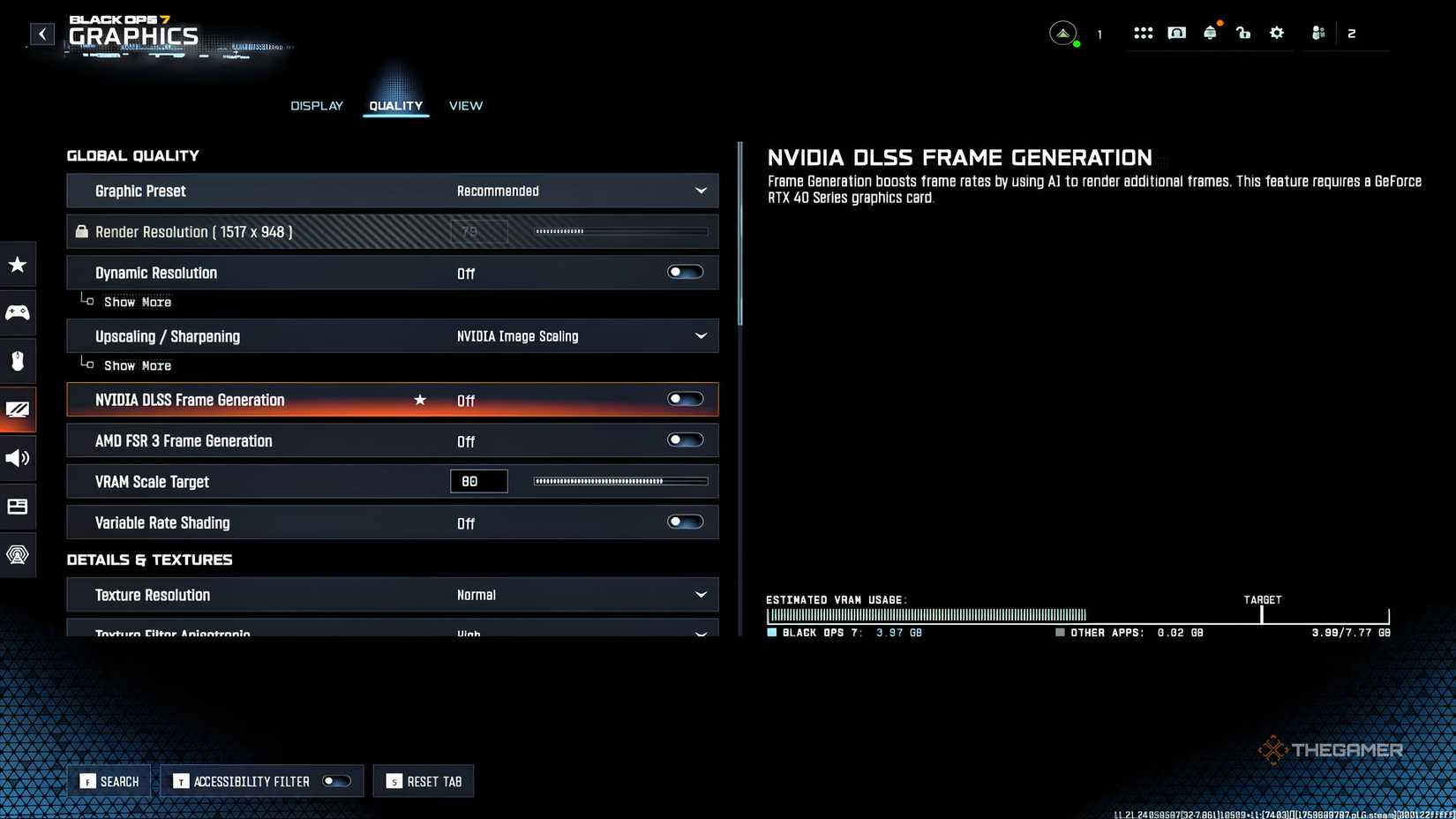 Quality graphics options in the Call of Duty: Black Ops 7 beta.