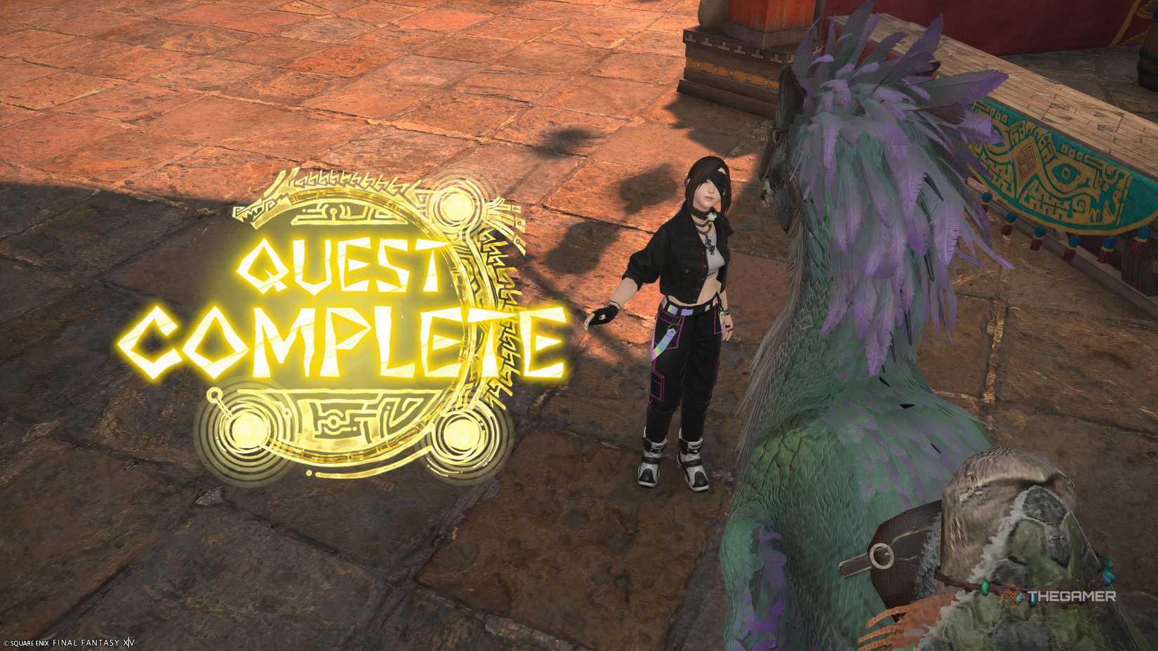 Quest completed with a player beside a Seikret in Final Fantasy 14.