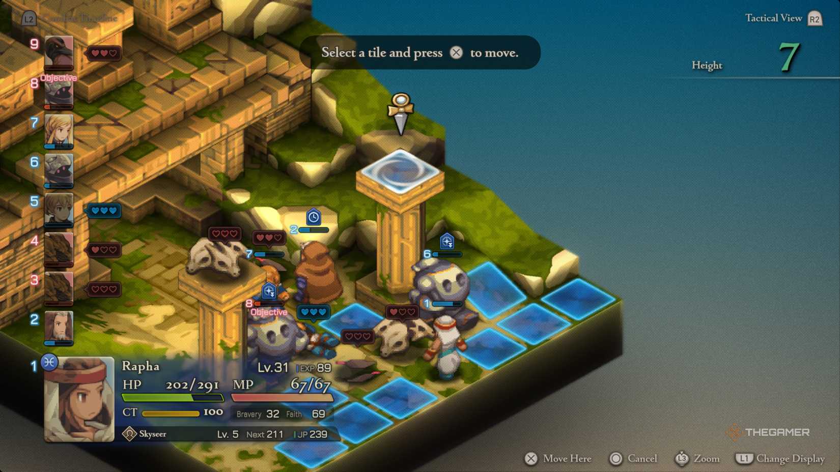 Rapha moving onto the pillar in Nelveska Temple in Final Fantasy Tactics The Ivalice Chronicles.
