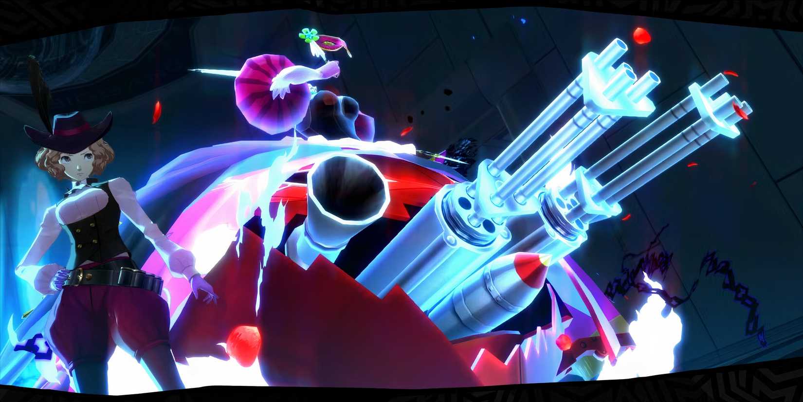 Haru Okumura standing with Milady all guns blazing in Persona 5.