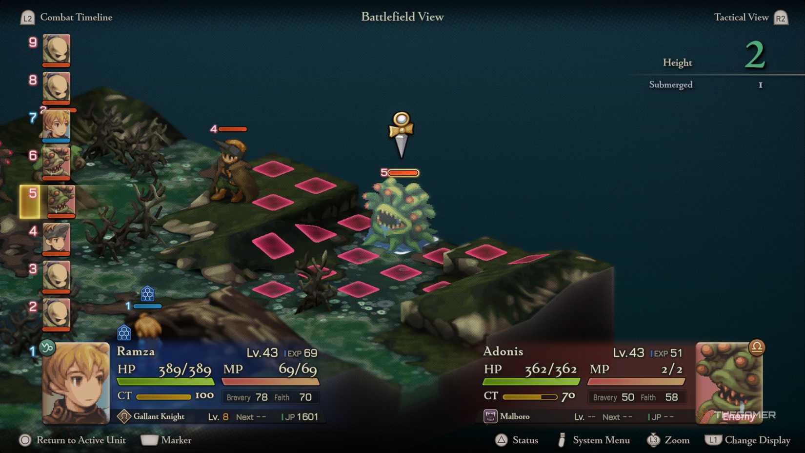 Selecting a Malboro during a random battle in Final Fantasy Tactics The Ivalice Chronicles.