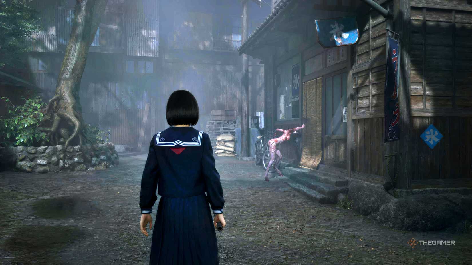 The protagonist looking at a creature stabbing the door of a house in Silent Hill f.