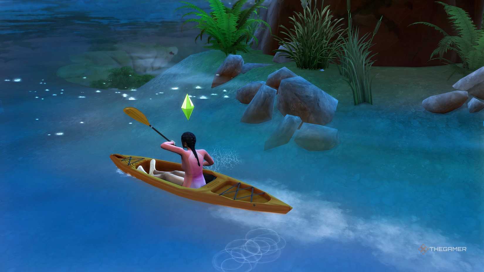 Sims 4 - a Sim using a Kayak on a Lake.