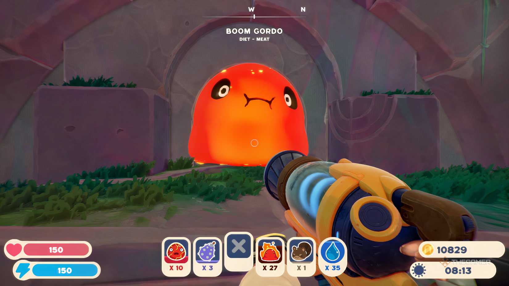 Slime Rancher 2 A giant boom slime about to explode in a hole.