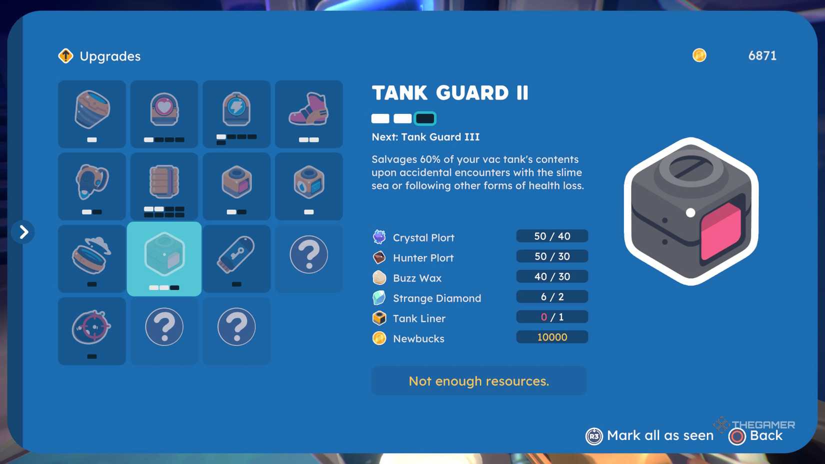 Vacpack Upgrade Menu with the tank guard liner displayed.
