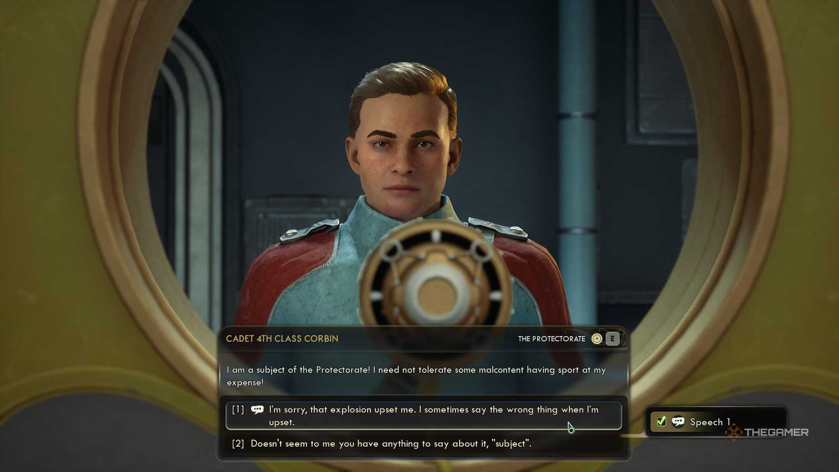 Speaking to a Cadet Corbin in The Outer Worlds 2. The player has two dialogue options with him, including a speech check