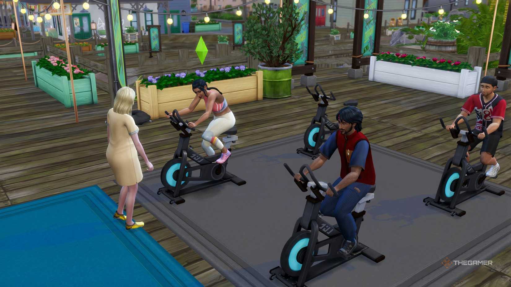 Spin Cycle Class Sims 4 - a Sim cycles with other Sims on a dock.