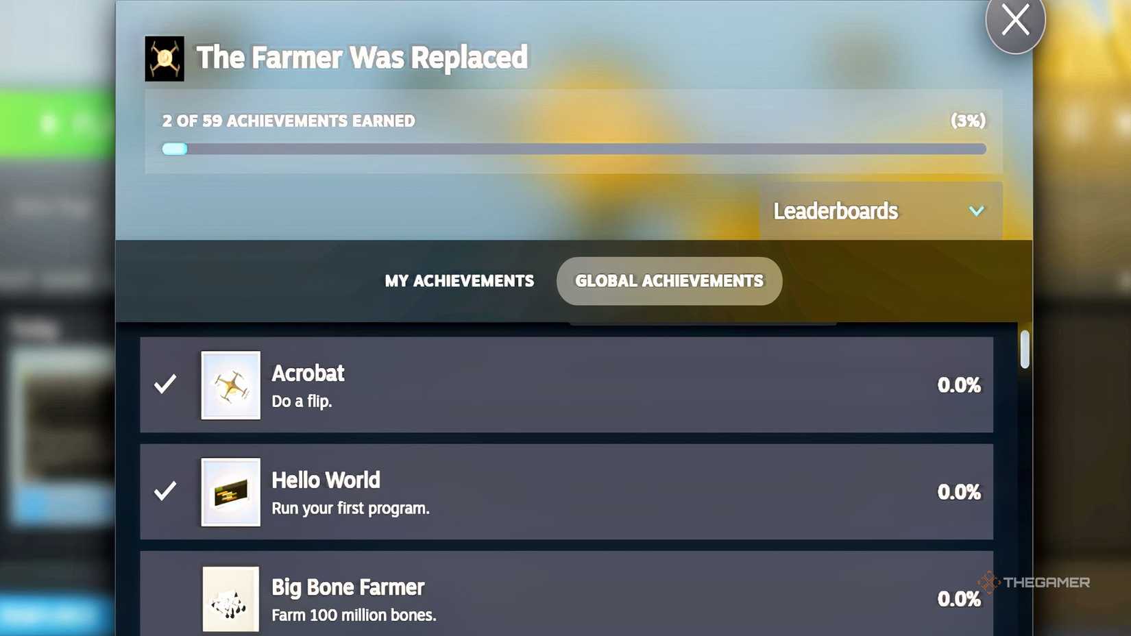 The achievement screen for The Farmer Was Replaced.