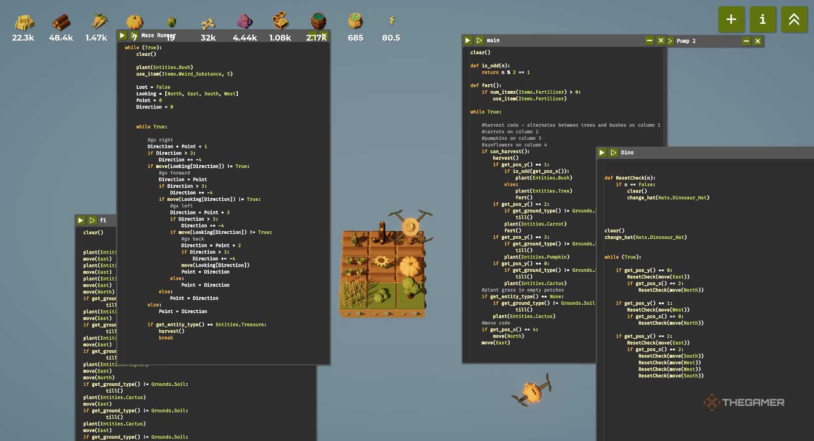 The Farmer Was Replaced with several script pages open.