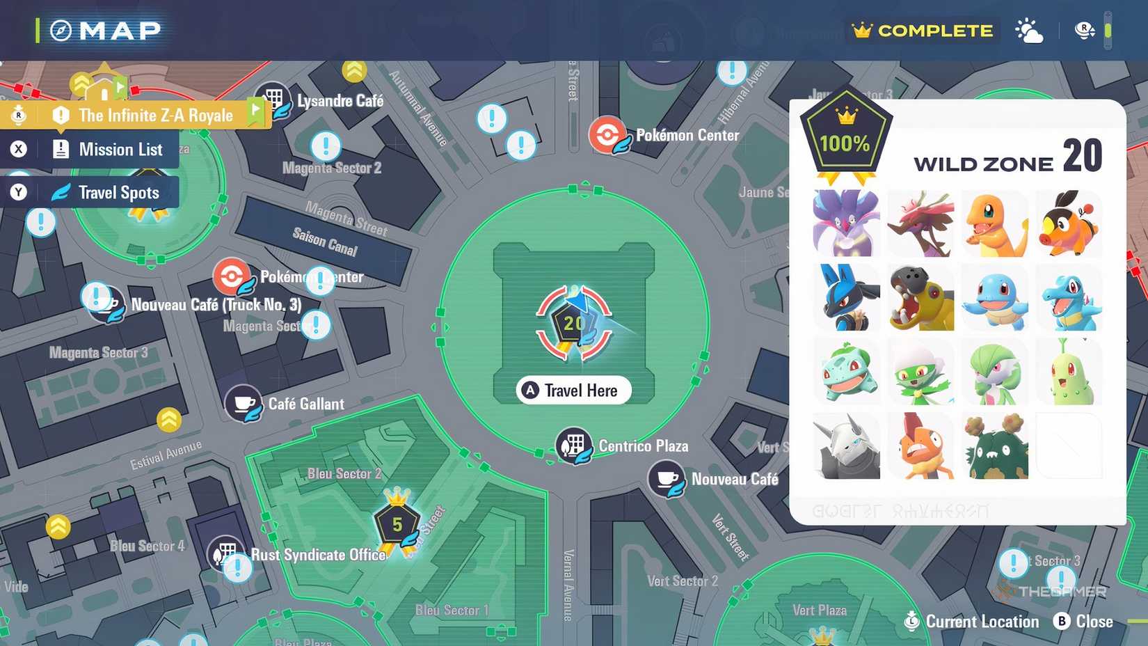 The map location in Pokemon Legends: Z-A to find Alpha Drampa in Wild Zone 20.