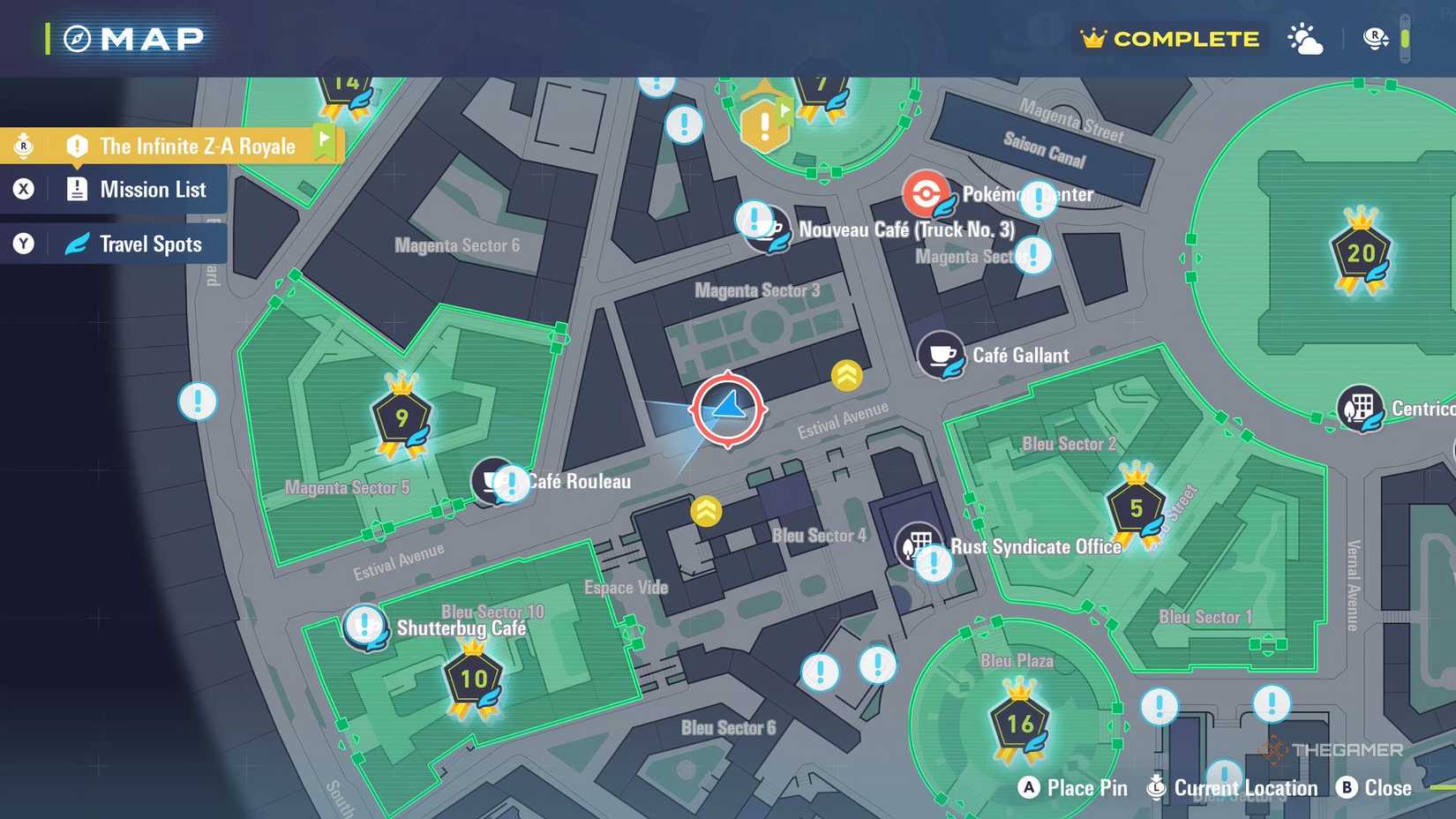 The map location of a Moon Stone in Pokemon Legends: Z-A, west of Cafe Gallant on the roof.