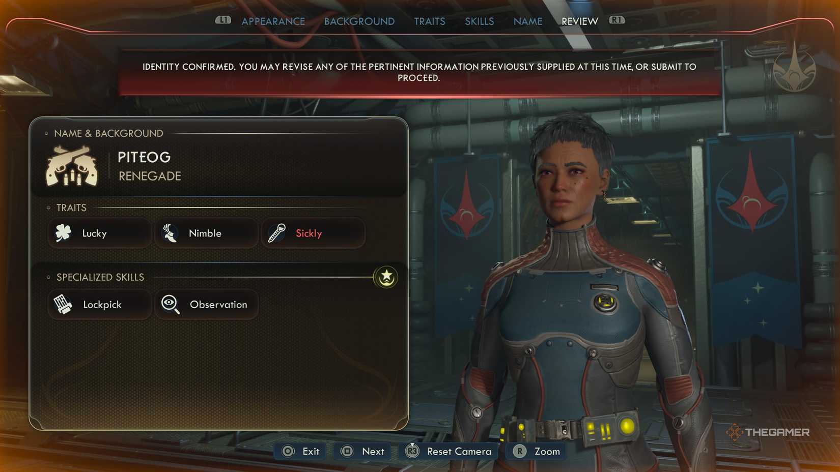 A character in The Outer Worlds 2 character creation menu with their Skills, Traits, and Background shown.
