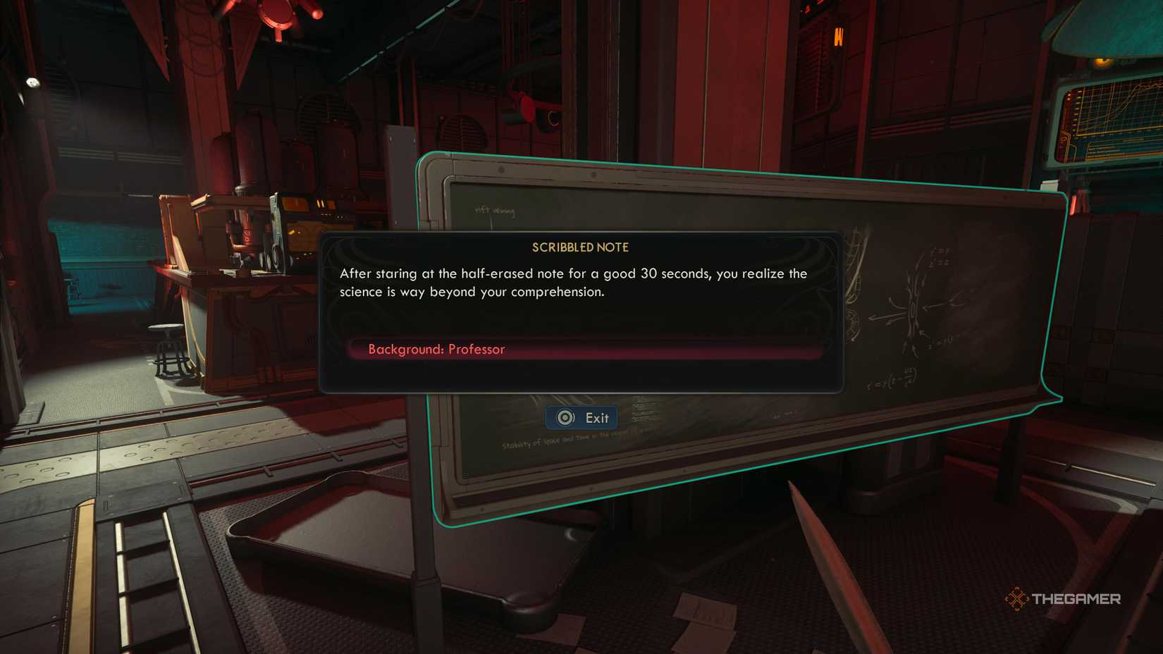 A blackboard that requires the professor background to read in the outer worlds 2.