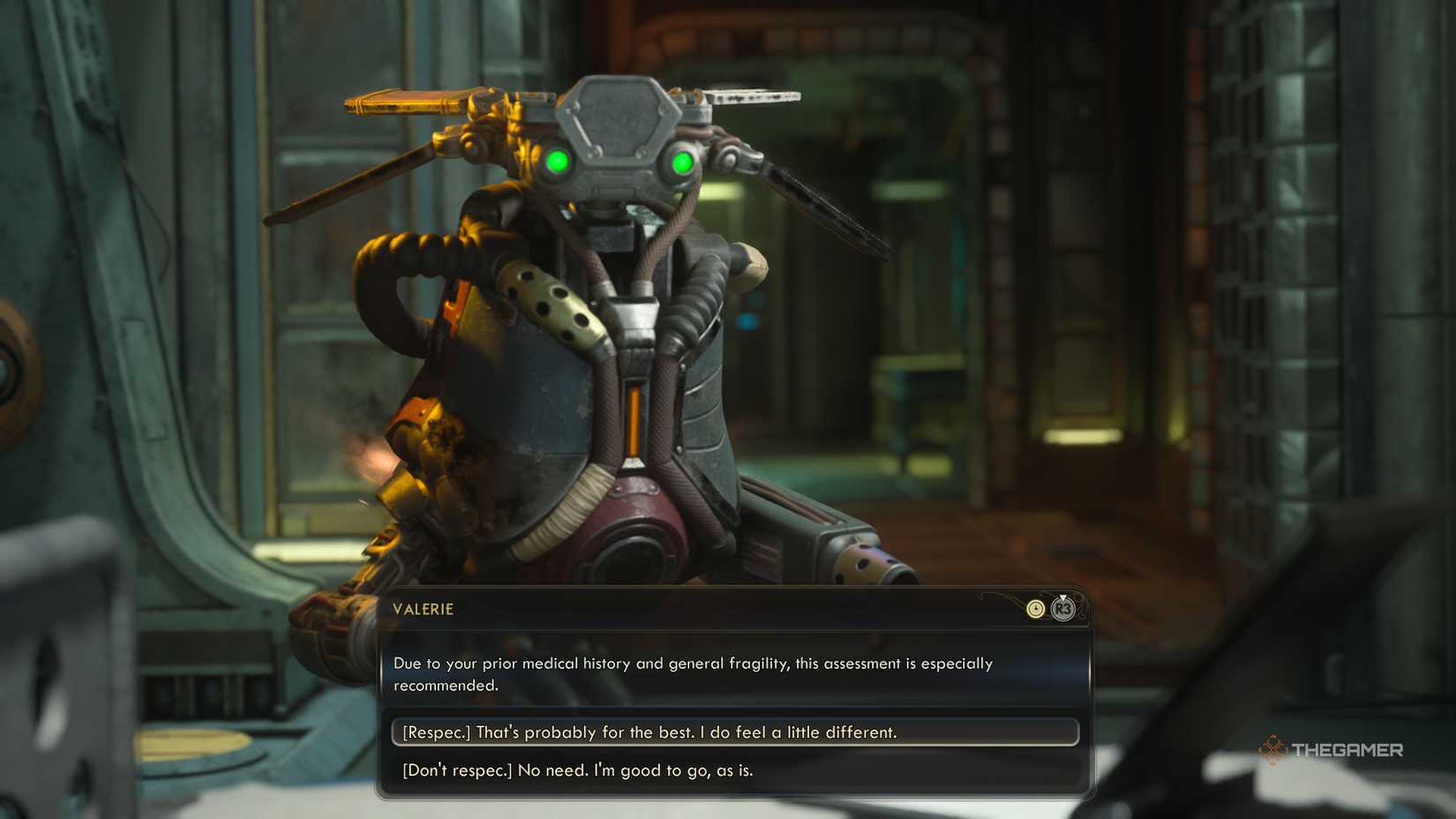 Speaking to Valerie about respeccing in The OuterWorlds 2.