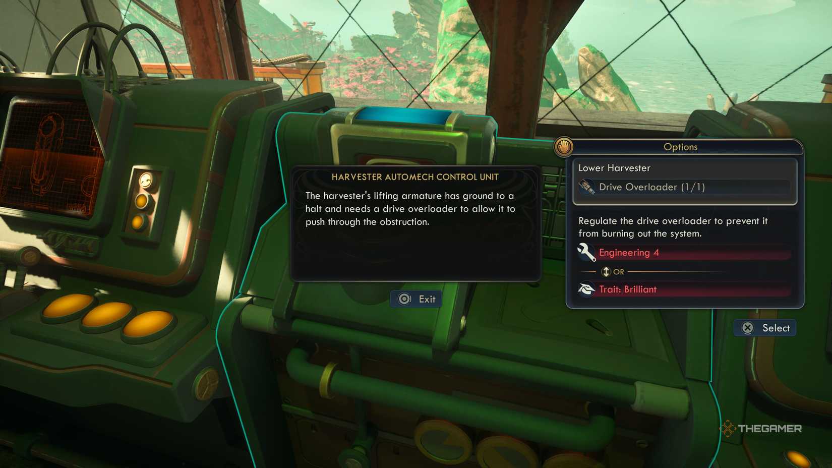 The options to lower the harvester spire in The Outer Worlds 2.