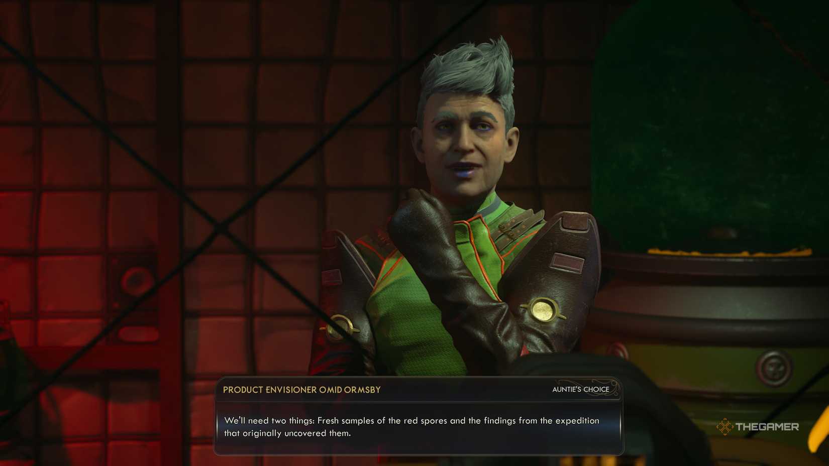 Ormsby asking for red spore samples and the data cartridge in The Outer Worlds 2. 