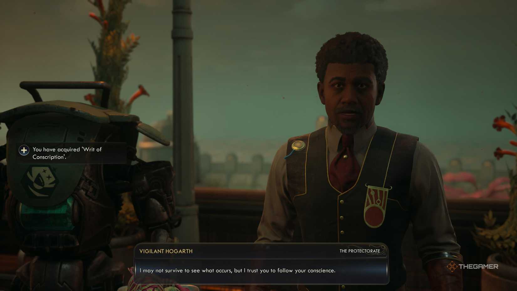 Vigilant Hogarth giving the writ of conscription in The Outer Worlds 2.