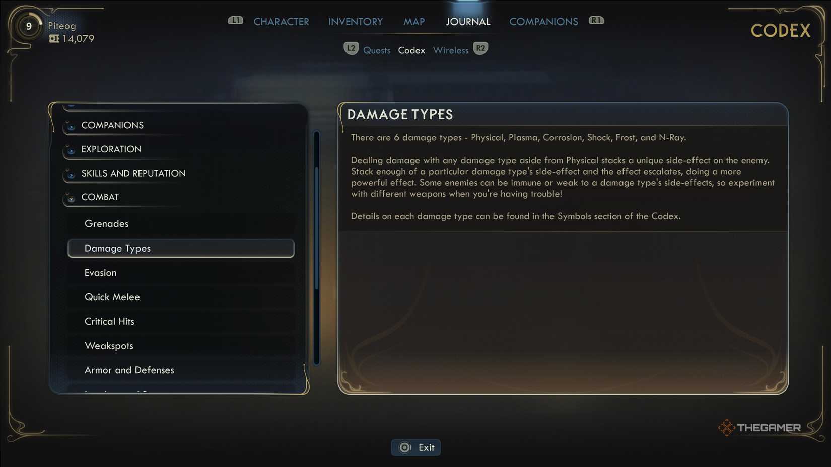 A codex entry describing the various damage types in The Outer Worlds 2.