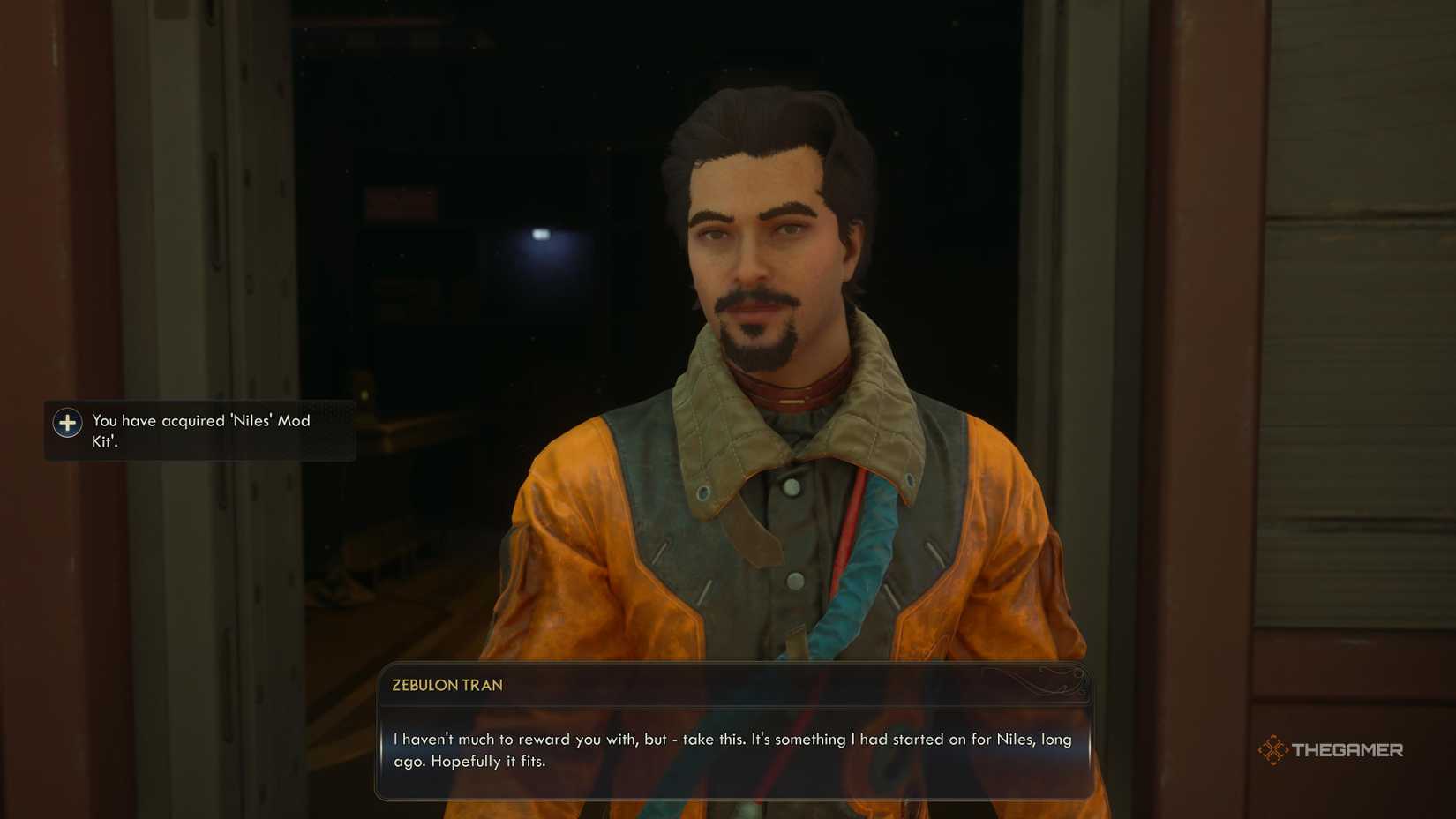 Receiving Niles' mod kit from Zeb in The Outer Worlds 2.