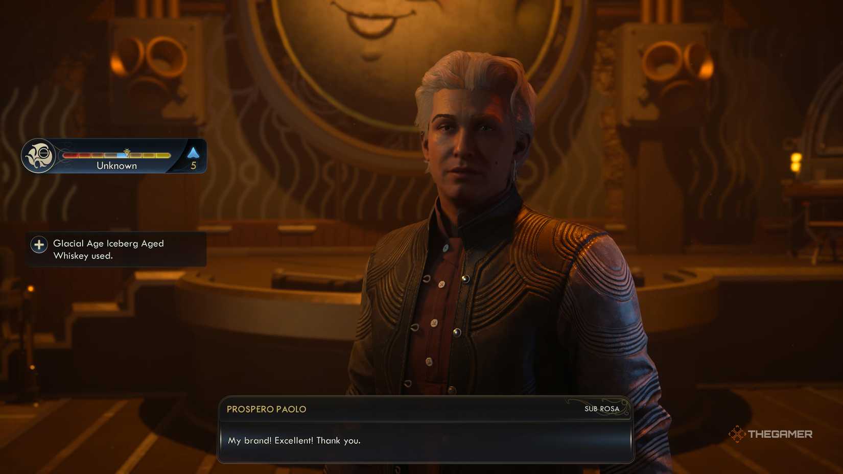 Giving whiskey to Prospero in The Outer Worlds 2.