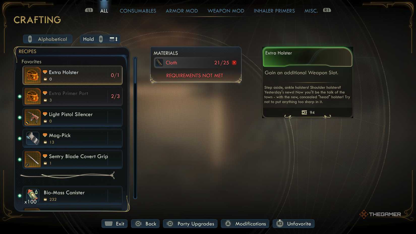The Crafting Menu showing an extra holster to be crafted in The Outer Worlds 2.