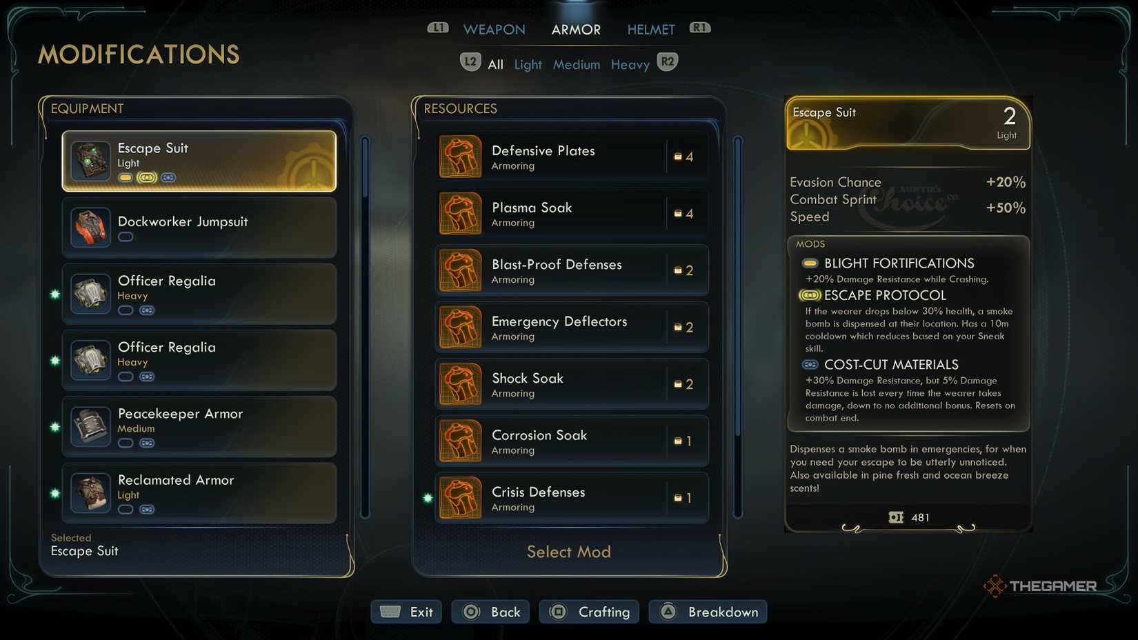 The modification menu in The Outer Worlds 2.