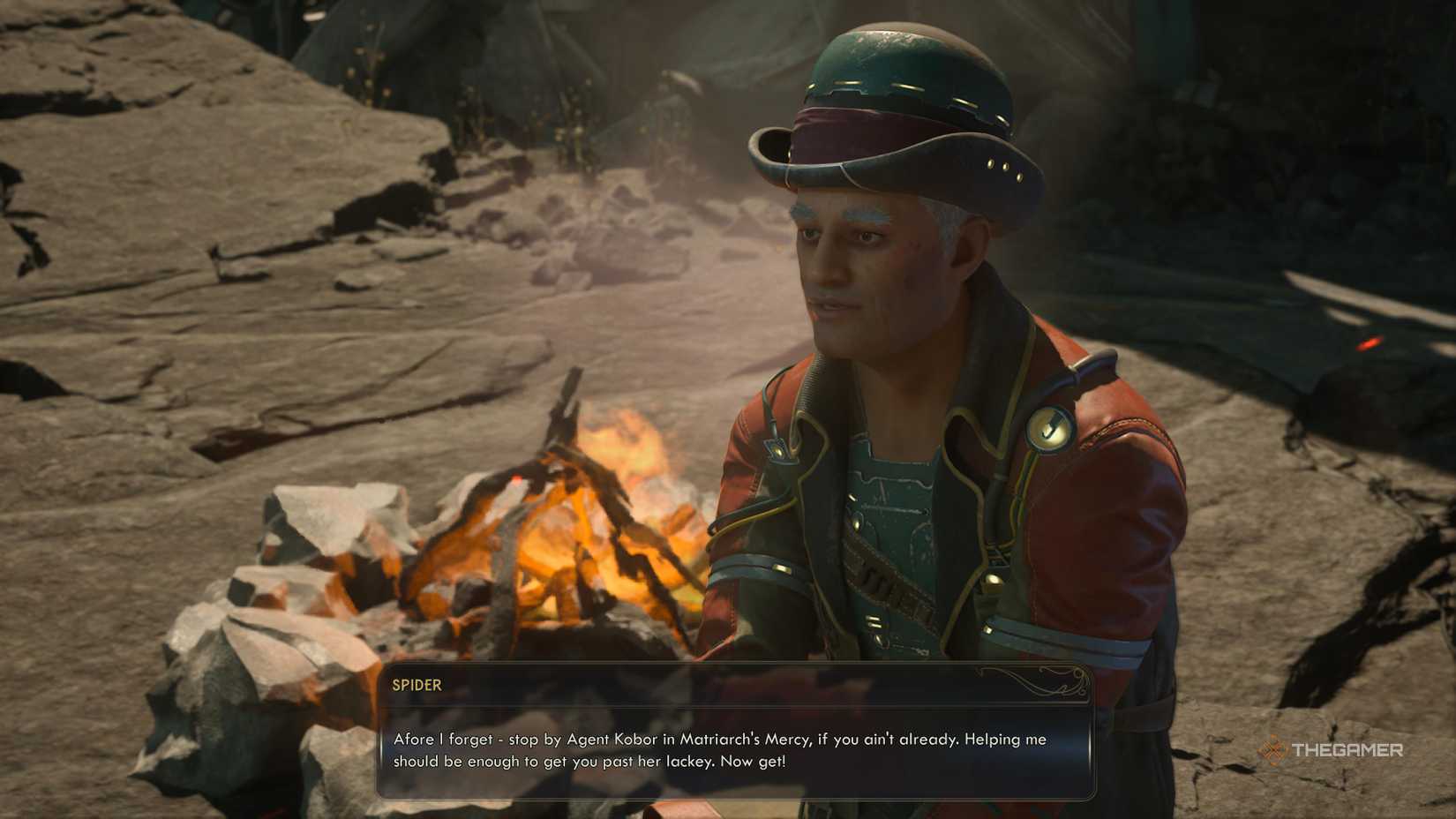 Spider telling you to speak with Kobor in The Outer Worlds 2.