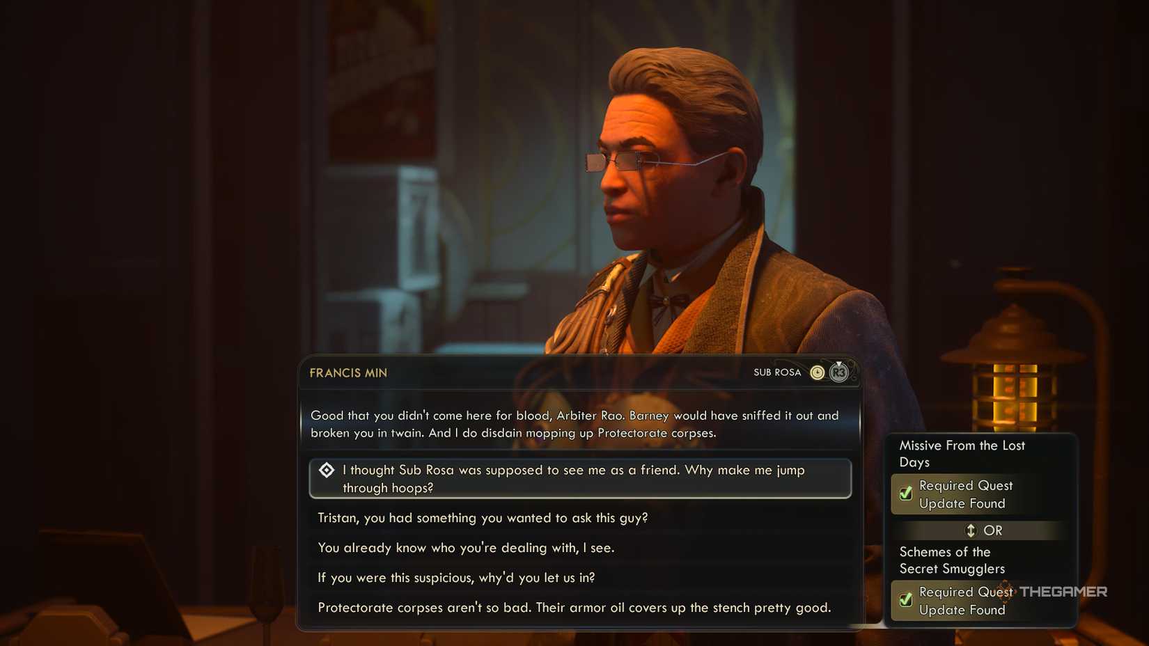 Speaking to Francis of Sub Rosa in the outer worlds 2.