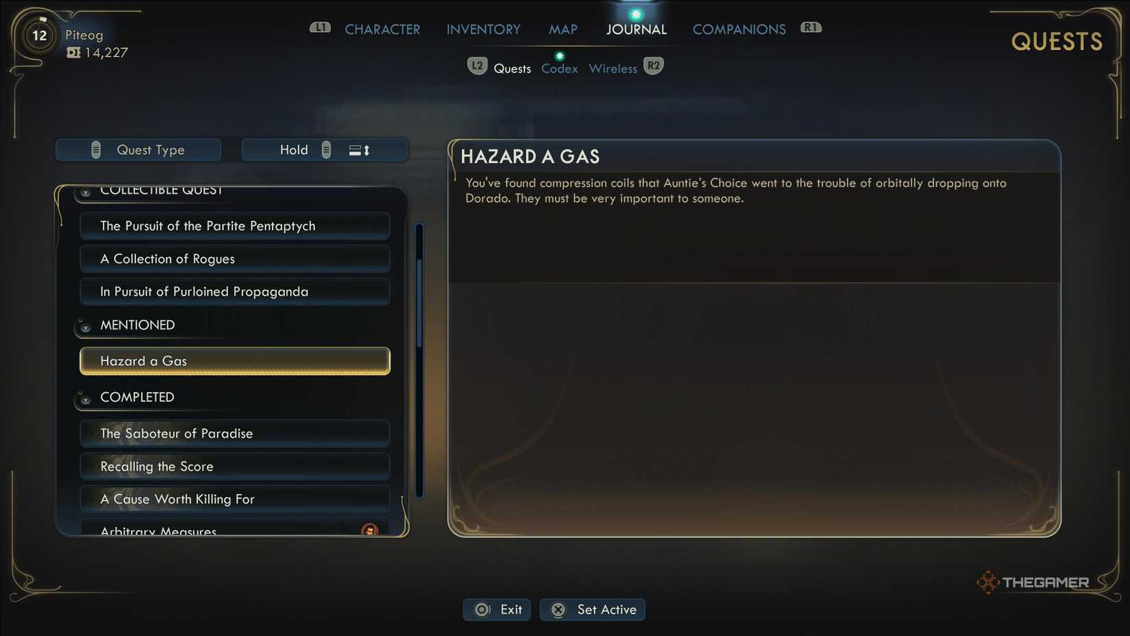 The Hazard A Gas quest in the mentioned category of the journal in The Outer Worlds 2.