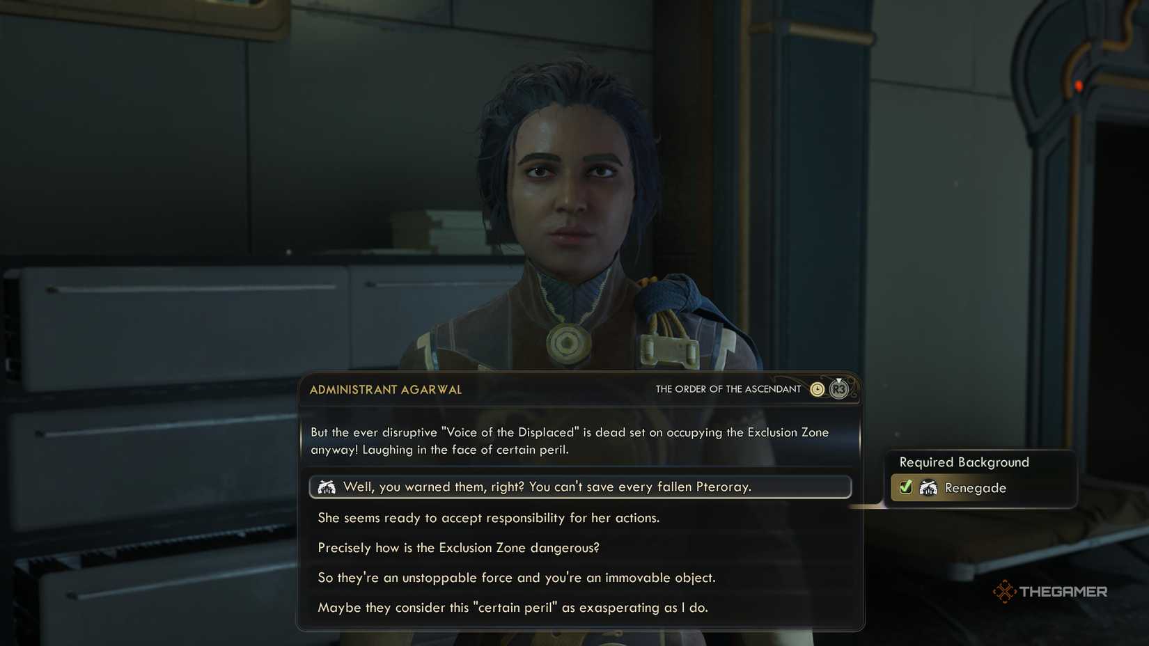 The renegade background option highlighted in a conversation with Agarwal in The Outer Worlds 2.