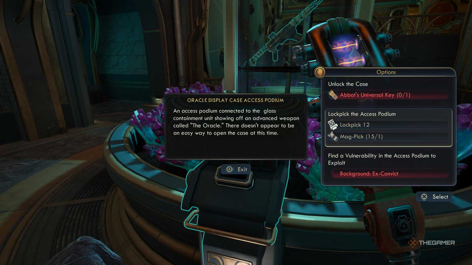 Being able to open a locked display case with the ex-convict background in the outer worlds 2.