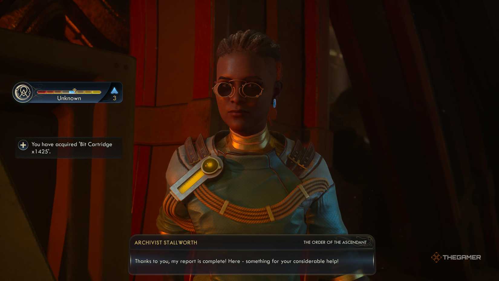 Getting bits from Stallworth for completing her quest in The Outer Worlds 2.