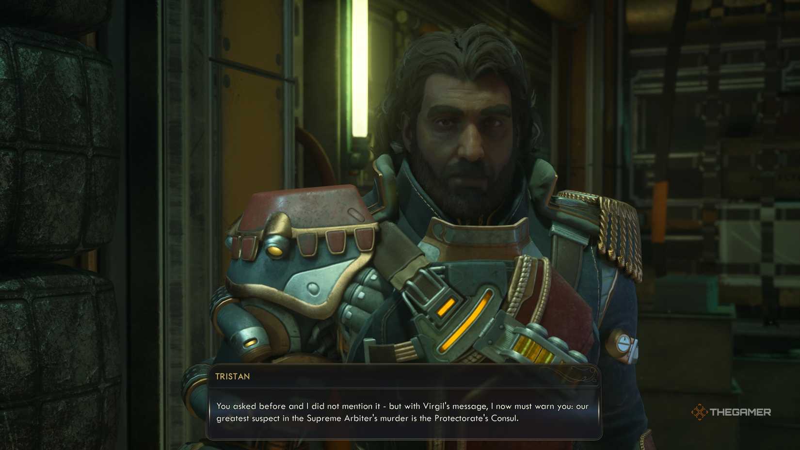 Talking to Tristan about Virgil and the Supreme Arbiter in The Outer Worlds 2.