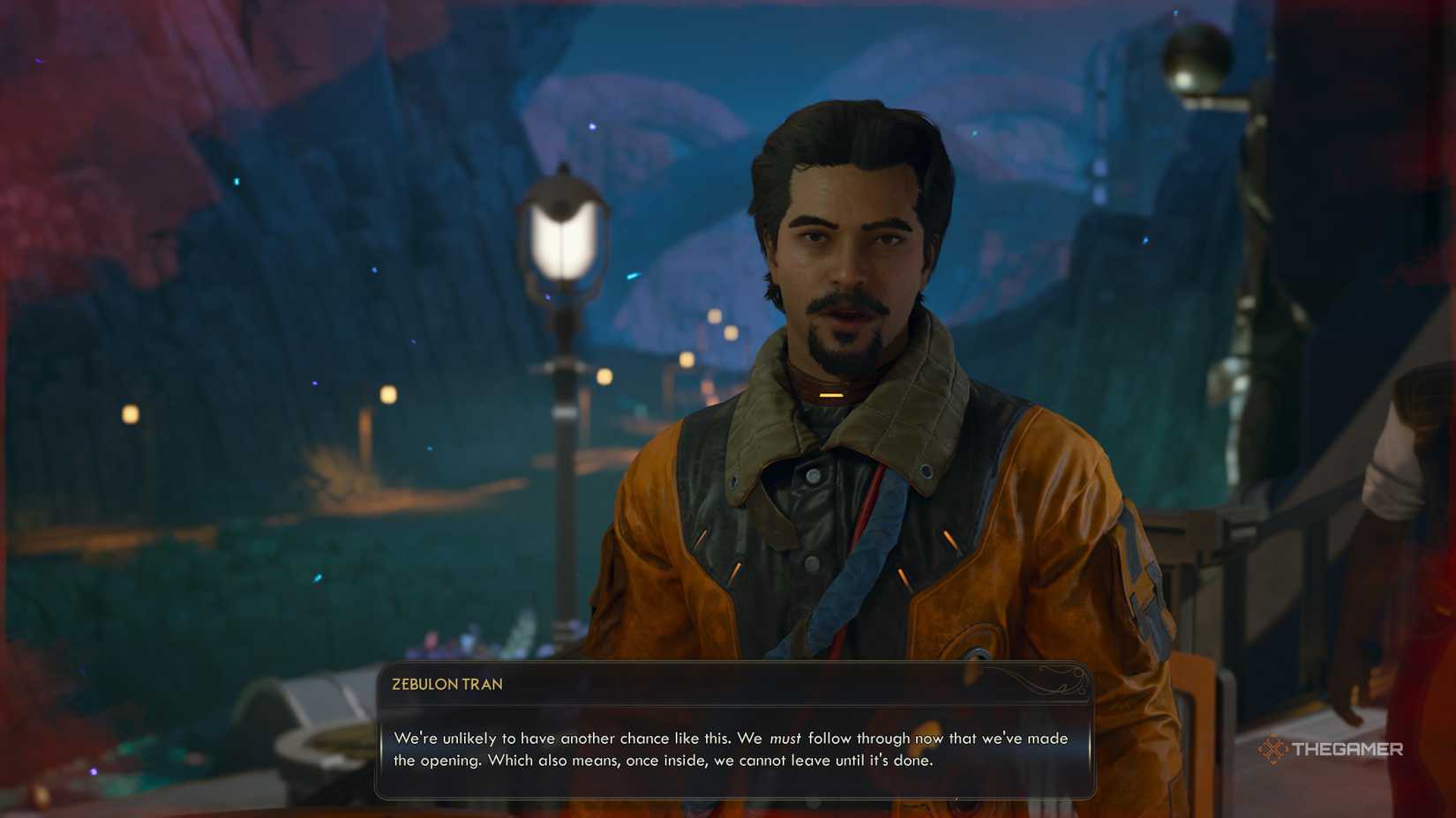 Zeb saying you cannot leave the tomb until the mission is done in The Outer Worlds 2.