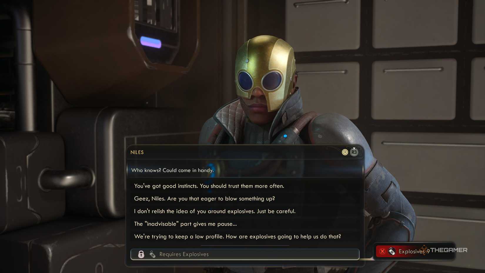 Niles talking about an explosive he can make in The Outer Worlds 2.