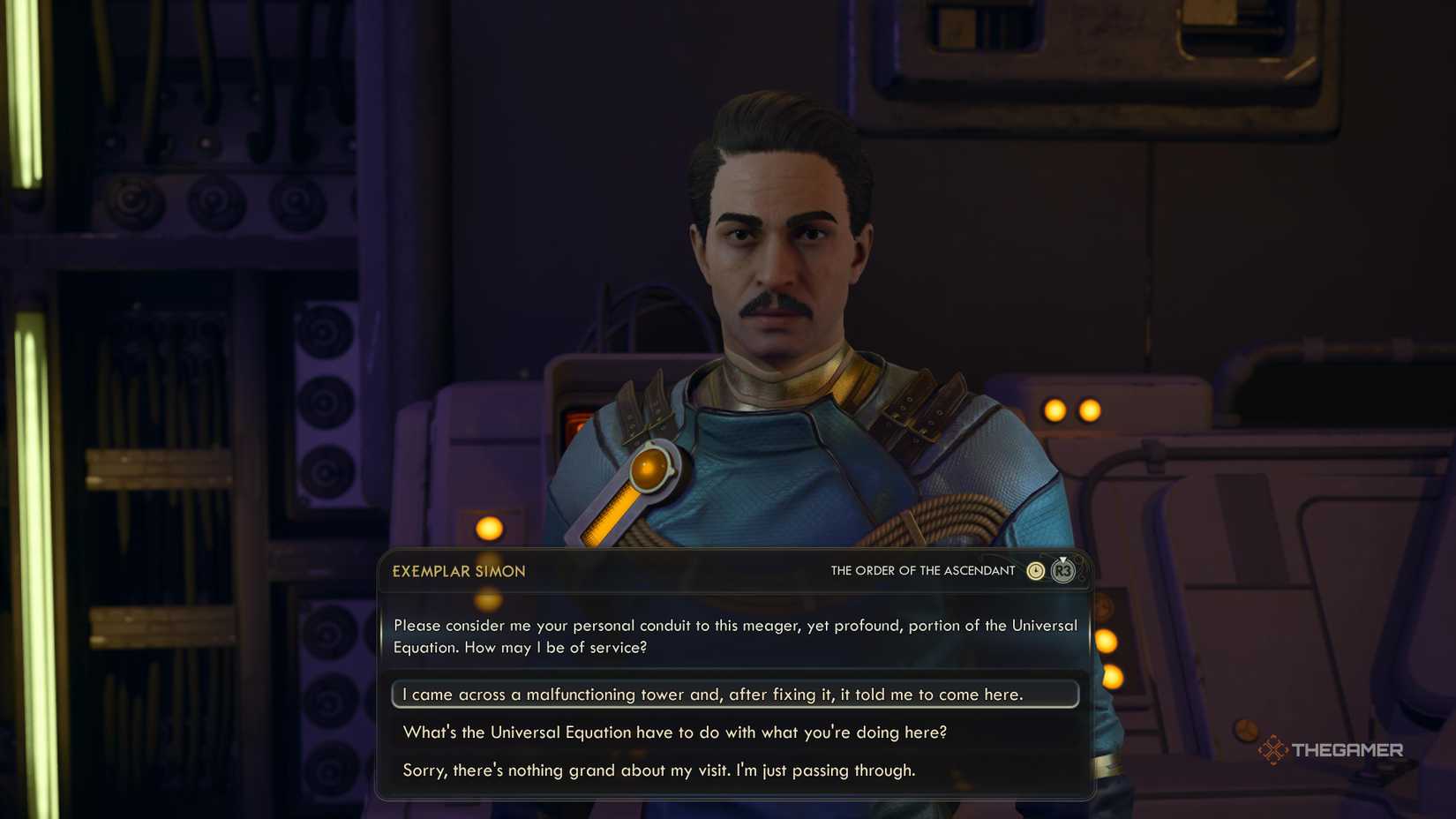 Speaking to Exemplar Simon about a malfunctioning tower in The Outer Worlds 2.